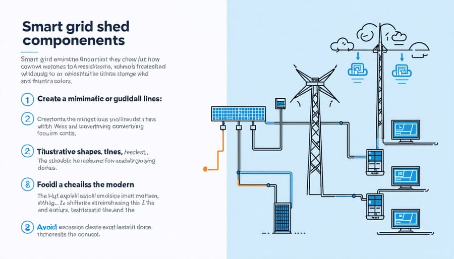 Diagram illustrating smart grid connectivity between power grid, home, and storage shed