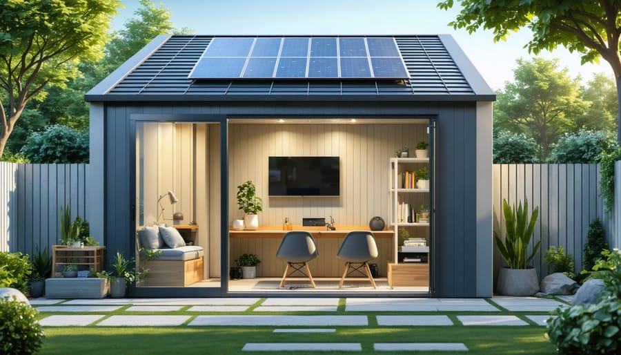 A modern insulated electric shed in a backyard with LED lighting, solar panels, and double-pane windows, emphasizing energy efficiency and sustainability.