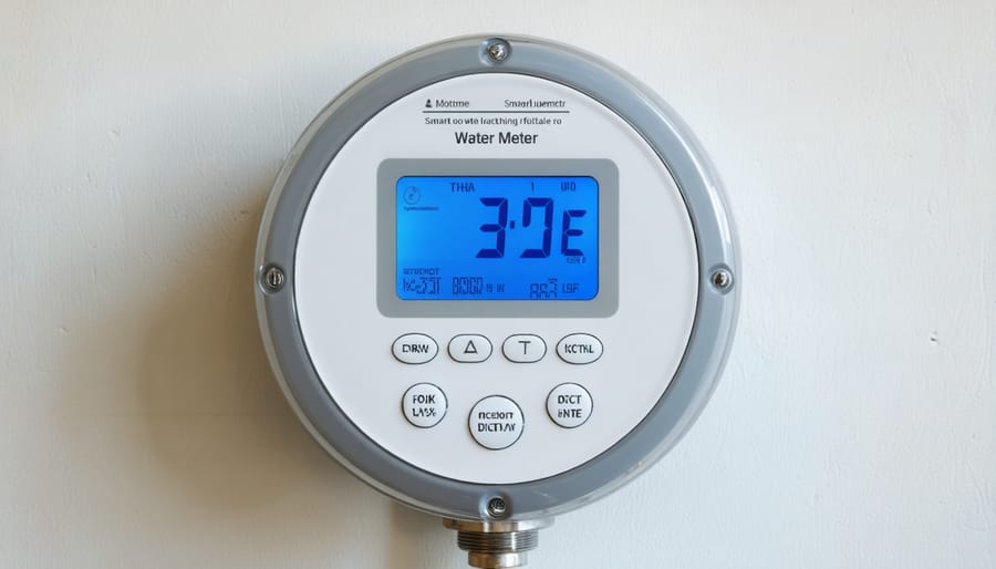 Digital smart water meter displaying water usage information and wireless connectivity status