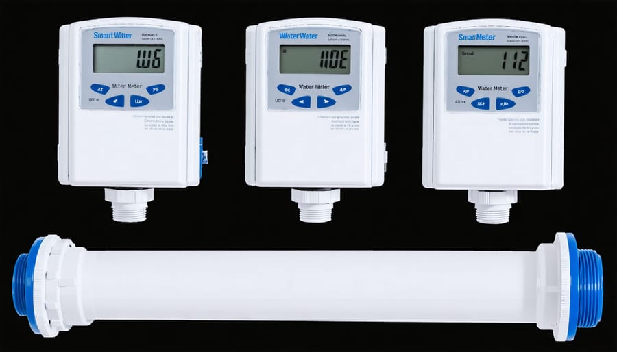 DIY installation steps for residential smart water meter with tools and components shown