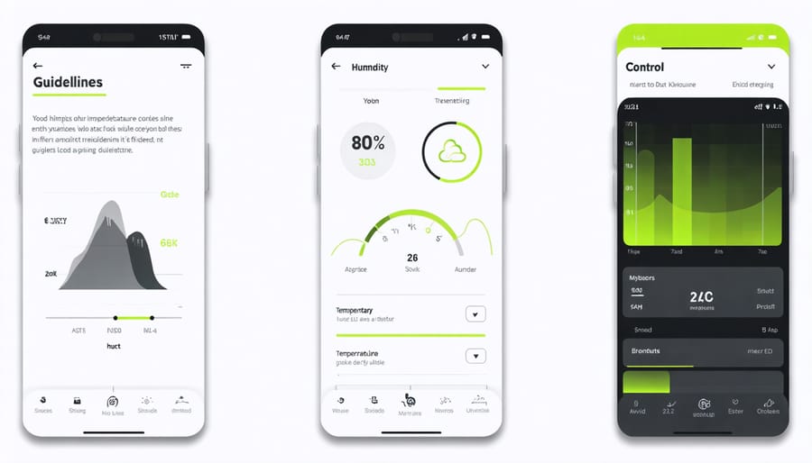 Smartphone app interface displaying climate control settings and real-time monitoring data for storage shed