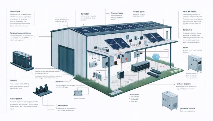 Technical diagram showing key components of a smart grid-enabled storage shed system