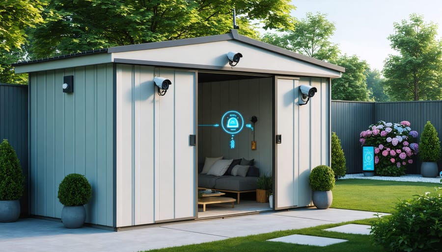 A modern storage shed equipped with advanced smart security features, including cameras, motion sensors, and smart locks, set in a tranquil garden environment.