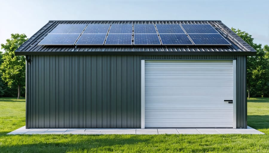 Modern storage shed with rooftop solar panels and visible battery storage unit