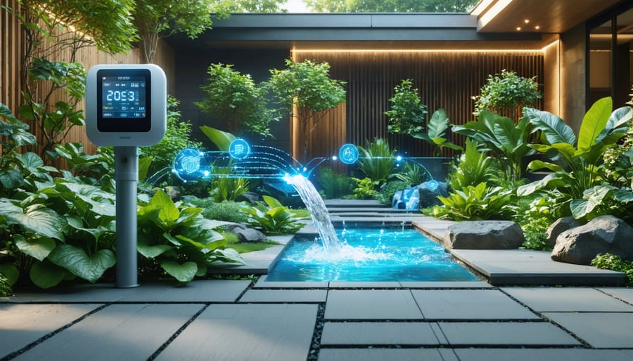 Digital smart water meter featured in a green landscaped backyard, illustrating water conservation and management through digital lines connecting to plants and garden areas.