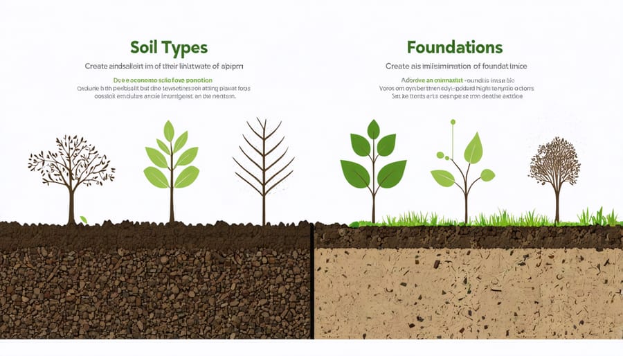 Illustration of various soil types with corresponding recommended foundation solutions