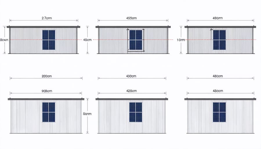 Illustration of various mounting angles and positions for solar heater installation on shed walls