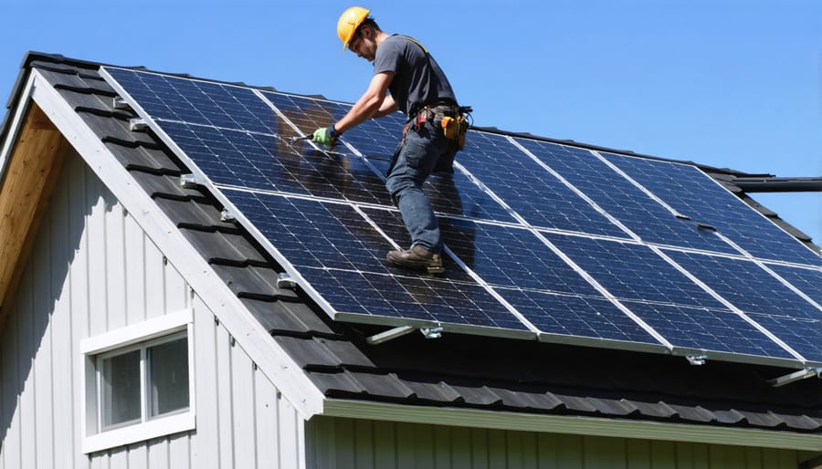 Step-by-step demonstration of solar panel installation on a garden shed roof