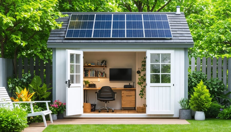 A vibrant garden shed equipped with solar panels, surrounded by lush greenery, with a view of a well-lit, organized workspace inside.