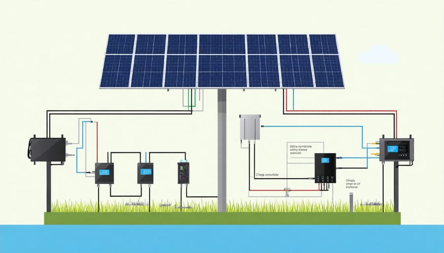 Labeled diagram of solar power system components and their connections in a shed setup