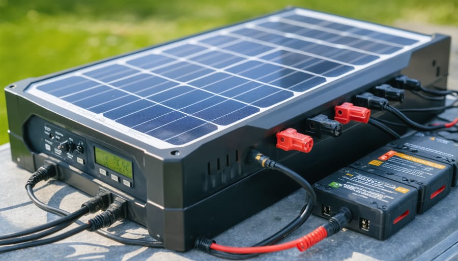 Detailed view of solar power system wiring showing battery connections and charge controller setup