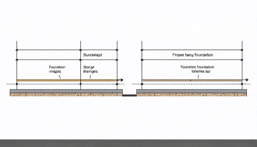 Cross-section illustration of storage shed foundation with proper drainage and elevation features