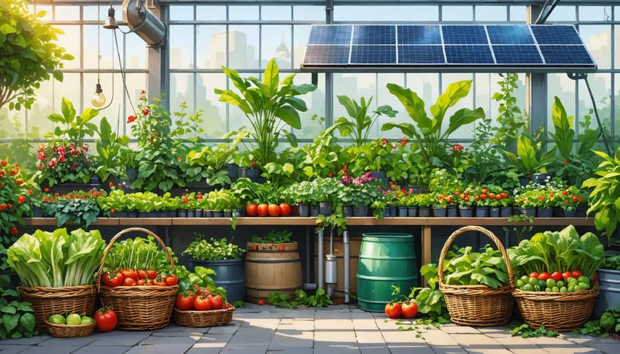 An eco-friendly greenhouse with solar panels, rainwater harvesting system, and vibrant plants thriving inside, showcasing the abundance of fresh vegetables and sustainable gardening practices.