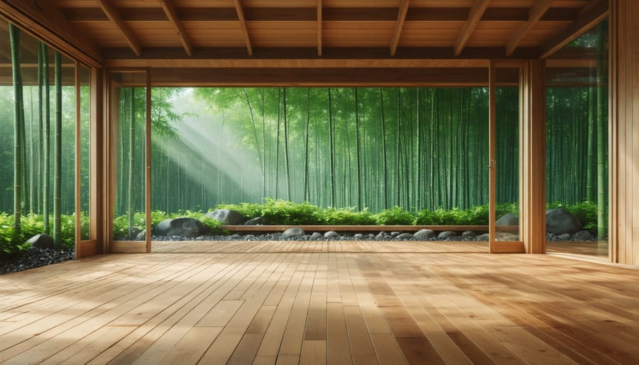 Interior view of sustainable wood and bamboo materials used in home construction