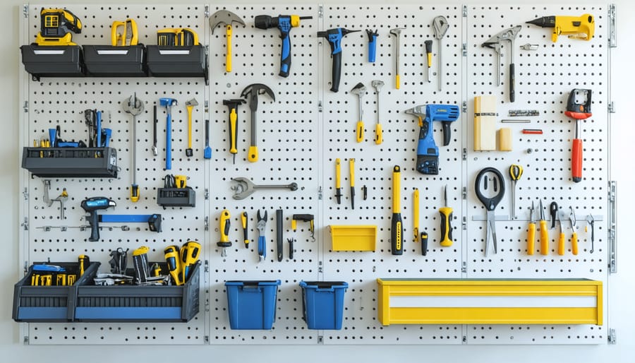 Wall-mounted pegboard and track system with organized garden tools and equipment