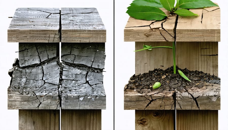 Before and after images showing weather damage to outdoor furniture and equipment from sun, rain, and snow