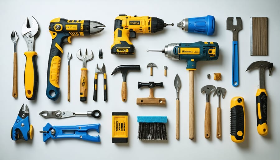 Tools laid out on workbench including drill, metal snips, measuring tape, and safety equipment