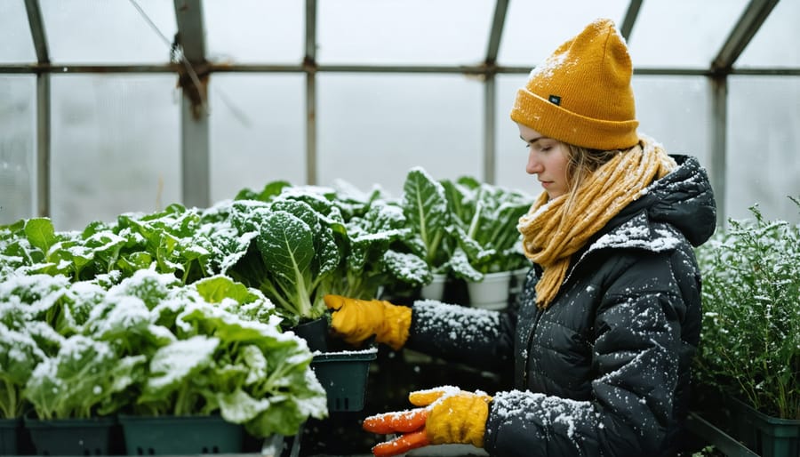 Gardener harvesting fresh vegetables from greenhouse in winter season