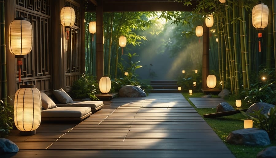 Zen patio at dusk with atmospheric lighting creating peaceful ambiance