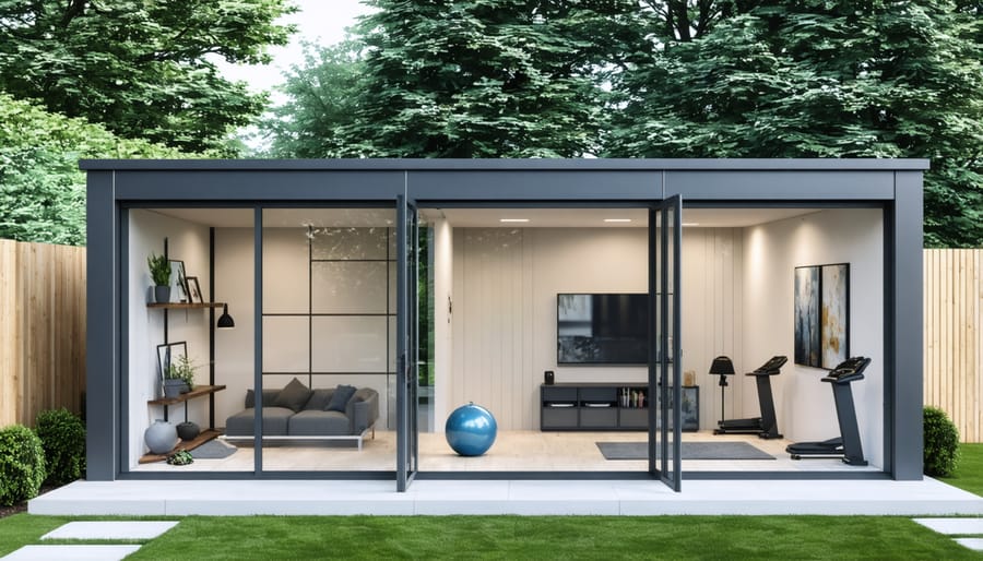 Split view visualization of different 10x12 shed conversion possibilities showing gym equipment, art supplies, and meditation setup