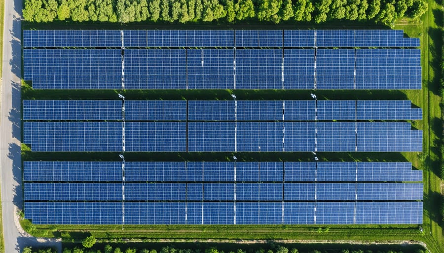 Bird's eye view of a large-scale 5 megawatt solar farm with ordered panel arrays