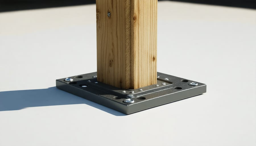 Detailed view of adjustable post foundation components and leveling mechanism