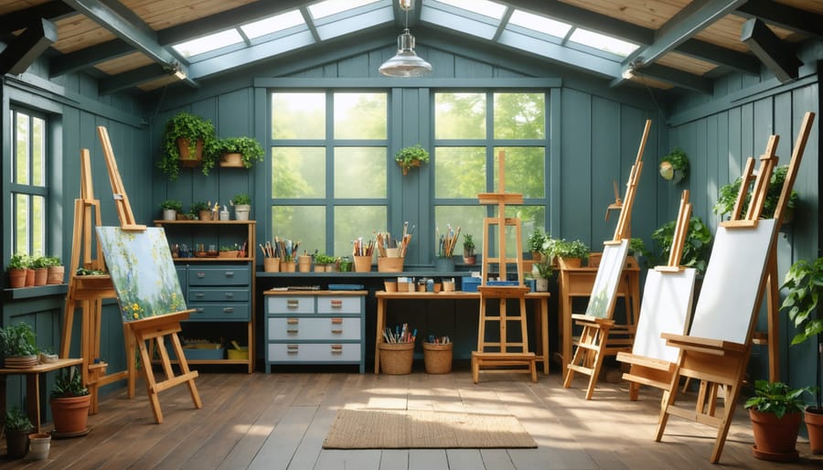 Converted shed art studio with painting setup and storage solutions