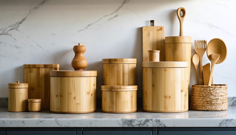 Various bamboo storage containers and wooden boxes displayed in a modern kitchen setting