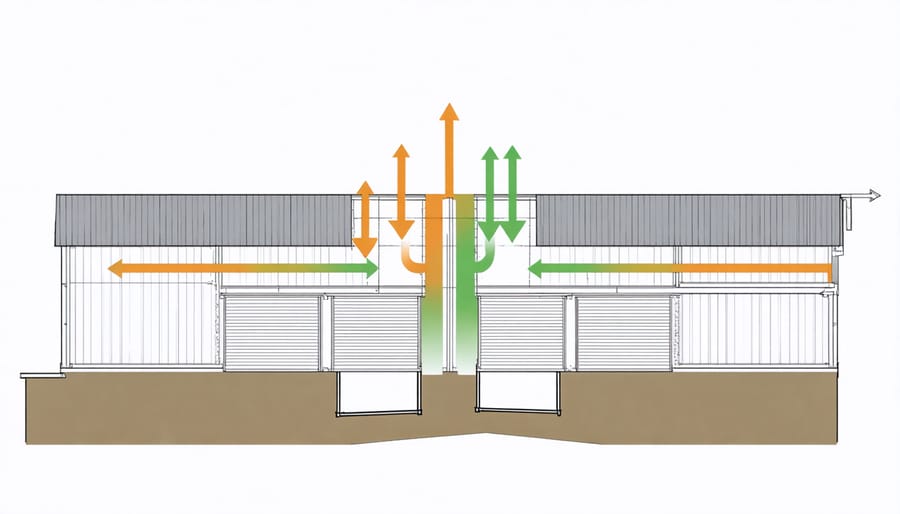 Technical diagram showing airflow patterns in a barn ventilation system