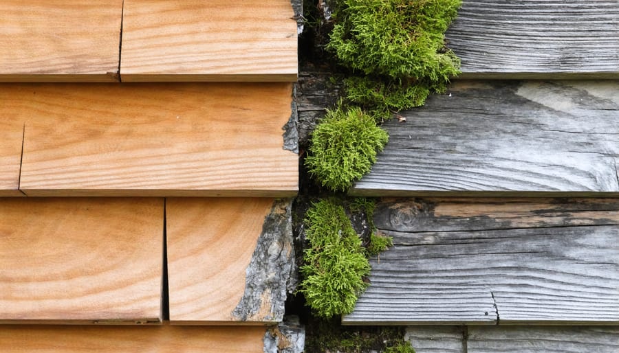 Comparison of healthy and damaged cedar roof shingles showing signs of deterioration