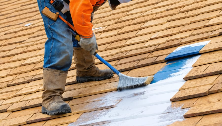 Person applying cedar roof preservative treatment with proper protective gear