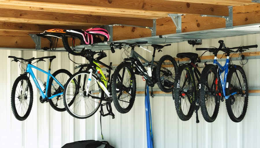 Overhead storage rack mounted to shed ceiling with bikes and storage boxes suspended above