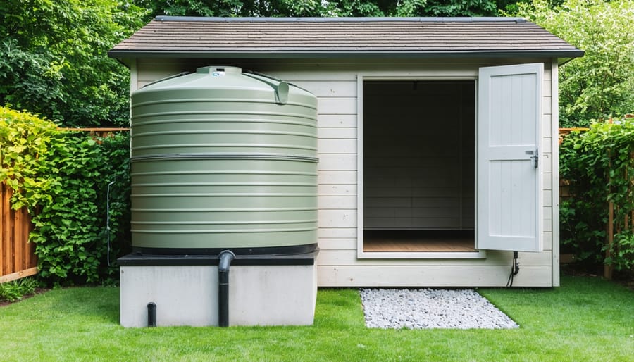 Finished rainwater harvesting system installation with storage tank and connections