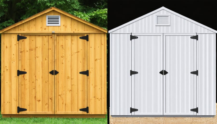 Comparison showing weathered wooden shed next to maintenance-free composite shed