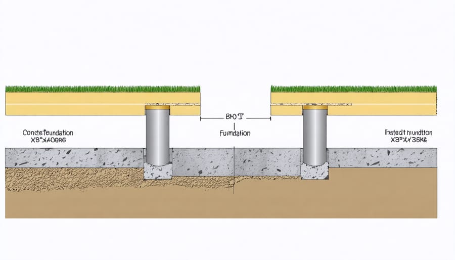 Technical diagram of concrete pier foundation system for sloped terrain