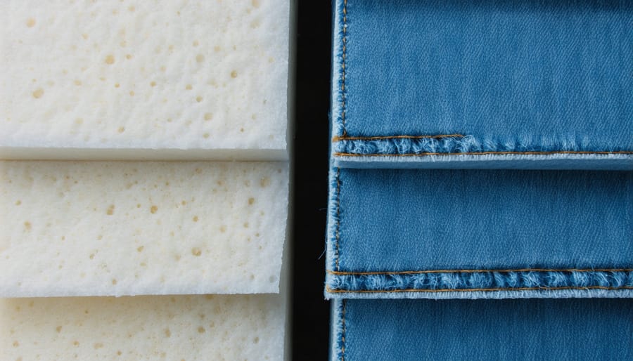 Side-by-side comparison showing blue recycled denim insulation batts beside pink fiberglass insulation
