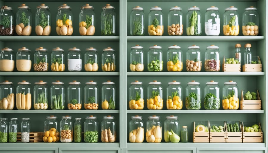 Well-organized kitchen pantry with eco-friendly glass containers and recycled storage solutions