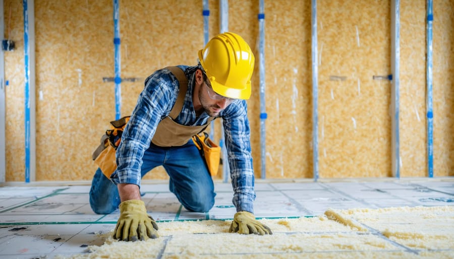 Person wearing protective mask, goggles, and gloves while installing natural insulation in a shed