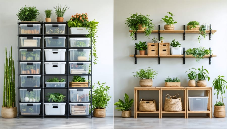 A side-by-side comparison of traditional cluttered plastic storage bins versus organized eco-friendly storage options including bamboo organizers and reclaimed wood shelves.