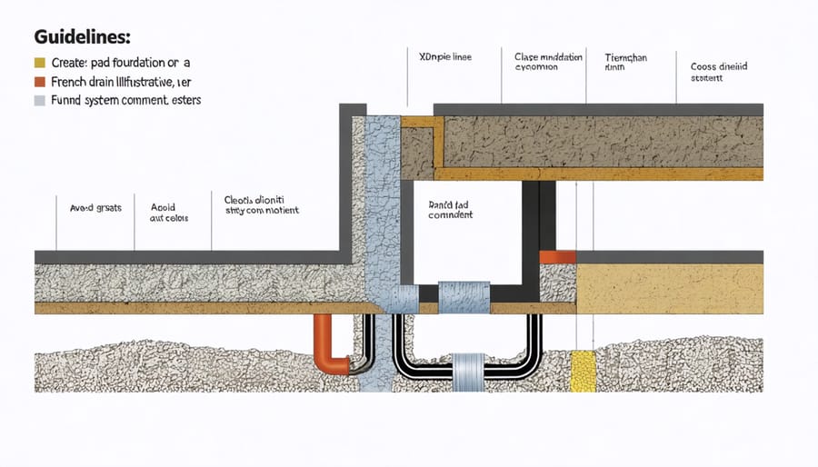 Cross-sectional illustration of gravel pad foundation with French drain system