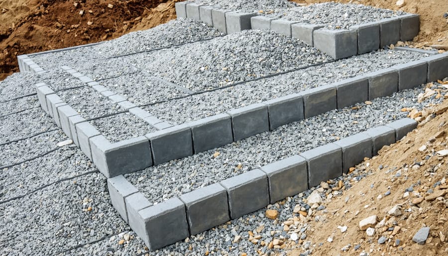 Leveled gravel shed foundation with retaining wall blocks on sloped terrain