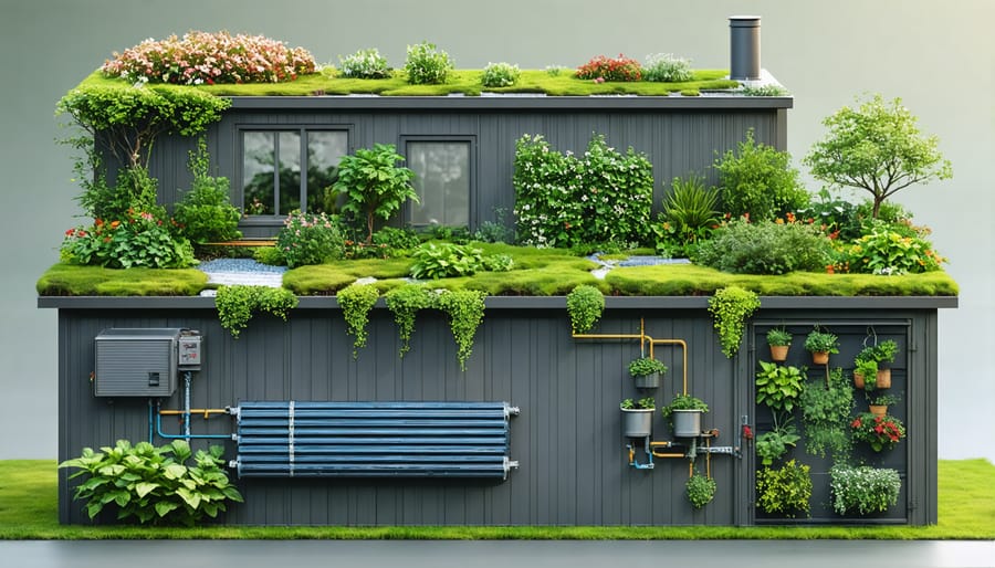 Storage shed featuring a green roof planted with vegetation and visible rainwater harvesting components