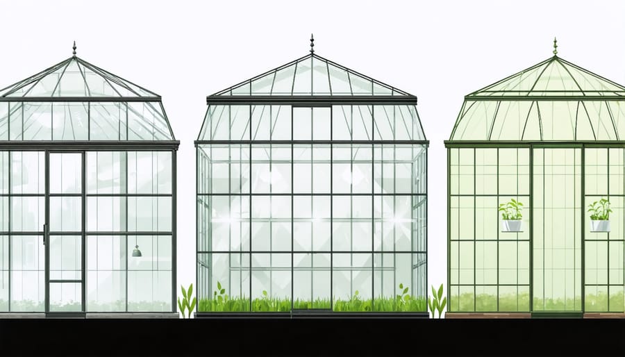 Side-by-side comparison of concrete perimeter, post foundation, and concrete slab greenhouse foundations