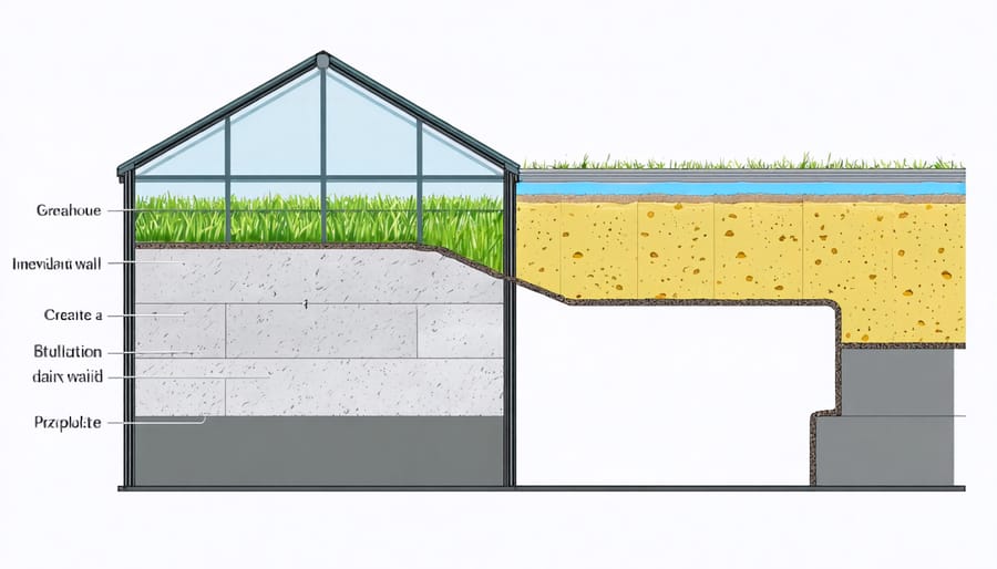 Detailed cross-section illustration of greenhouse wall construction showing insulation layers, glazing, and air gaps