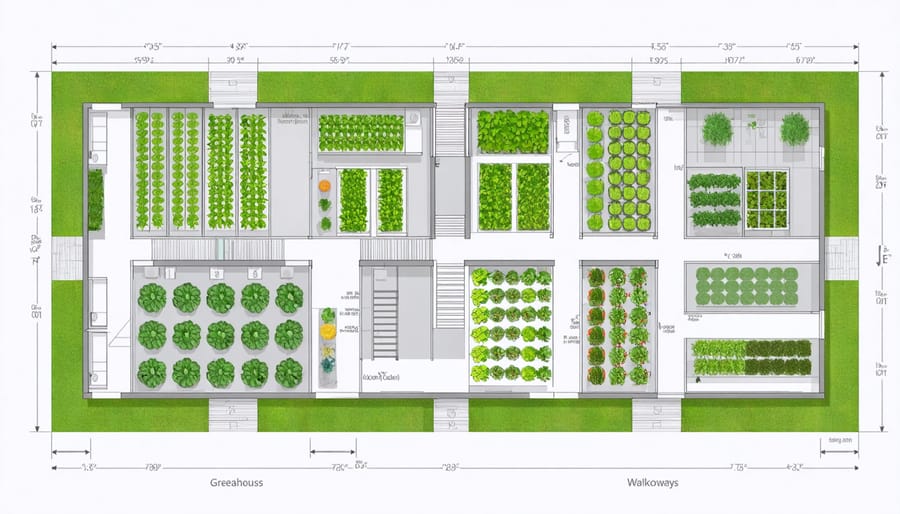 Overhead diagram of greenhouse interior layout with labeled growing zones and circulation paths