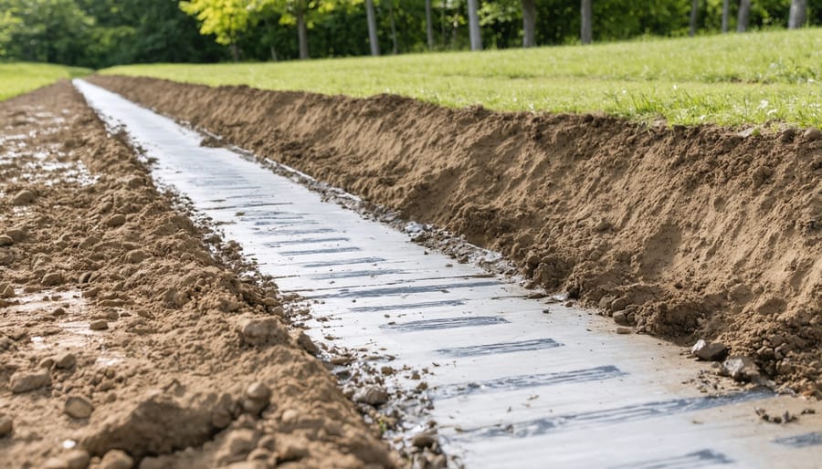 Person using level tool to create proper drainage slope for shed foundation