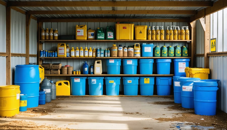 Organized storage area showing correct labeling, containment, and separation of hazardous materials in a shed