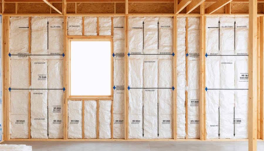 Four-panel image showing key steps in installing foam board insulation in a metal shed