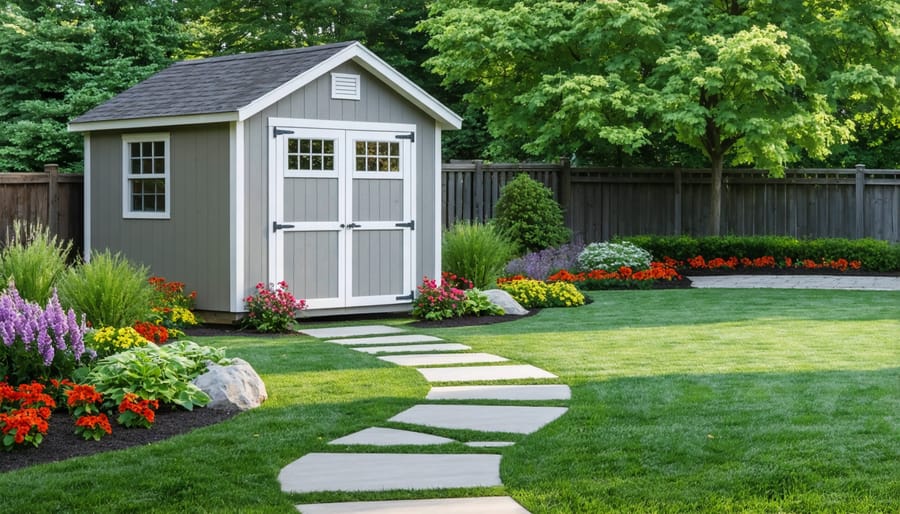 Garden shed integrated into landscape with curved stone pathway and flowering perennials