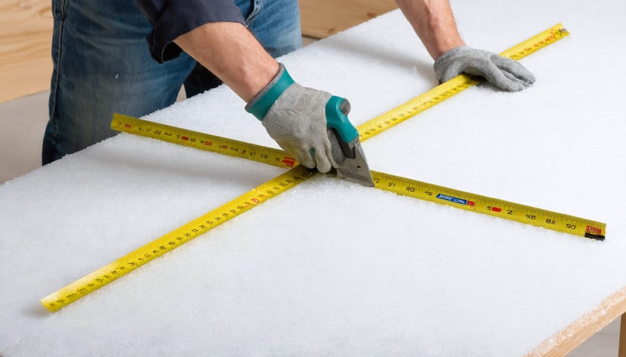 Step-by-step demonstration of measuring and cutting foam board insulation